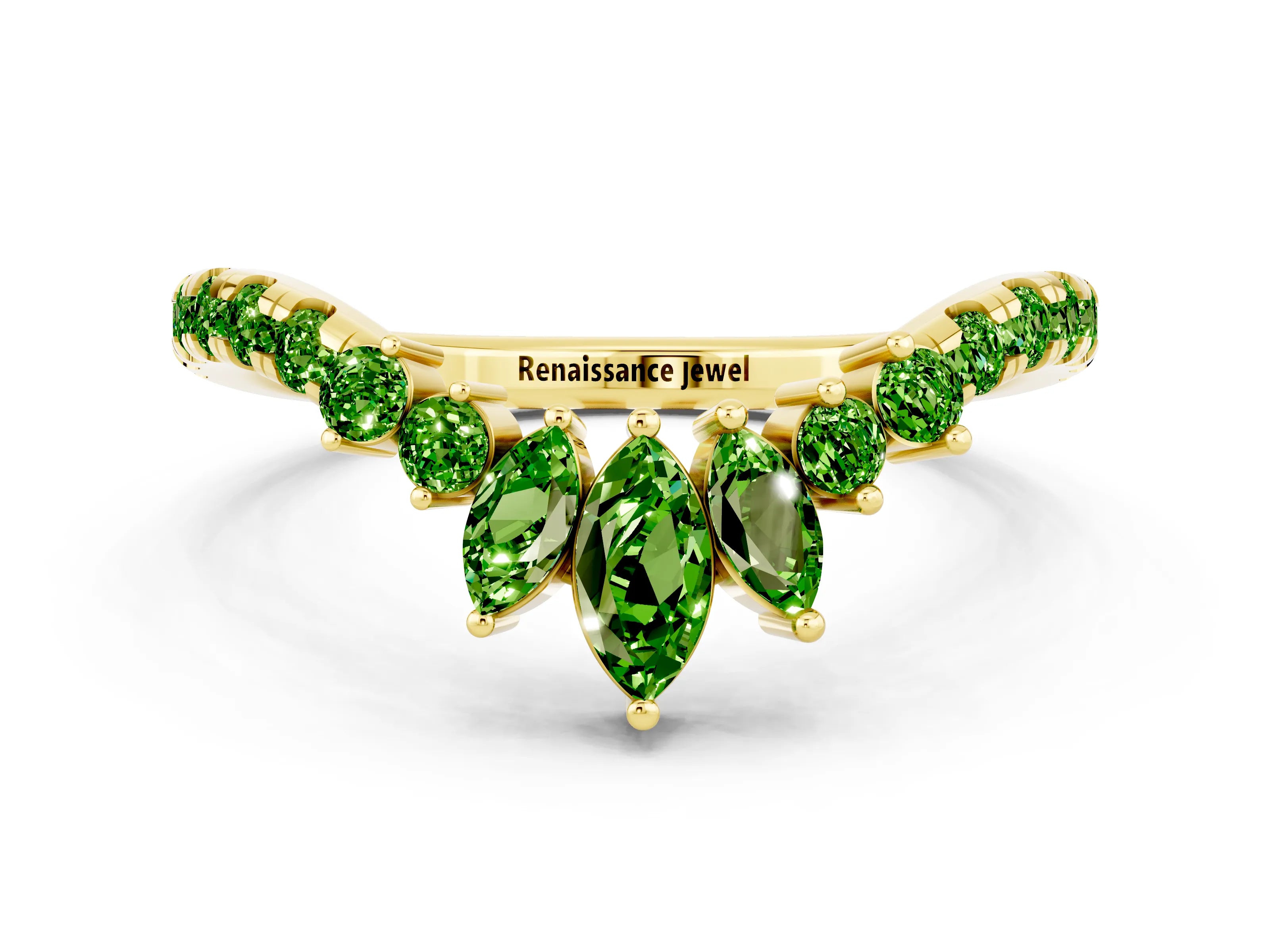 Yellow gold Chevron Marquise and Round Peridot Open Band with Prong Setting_6