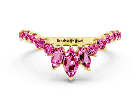 Yellow gold Chevron Marquise and Round Pink Sapphire Open Band with Prong Setting_18