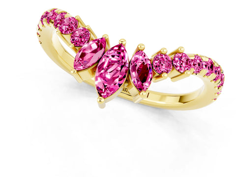 Yellow gold Chevron Marquise and Round Pink Sapphire Open Band with Prong Setting_19
