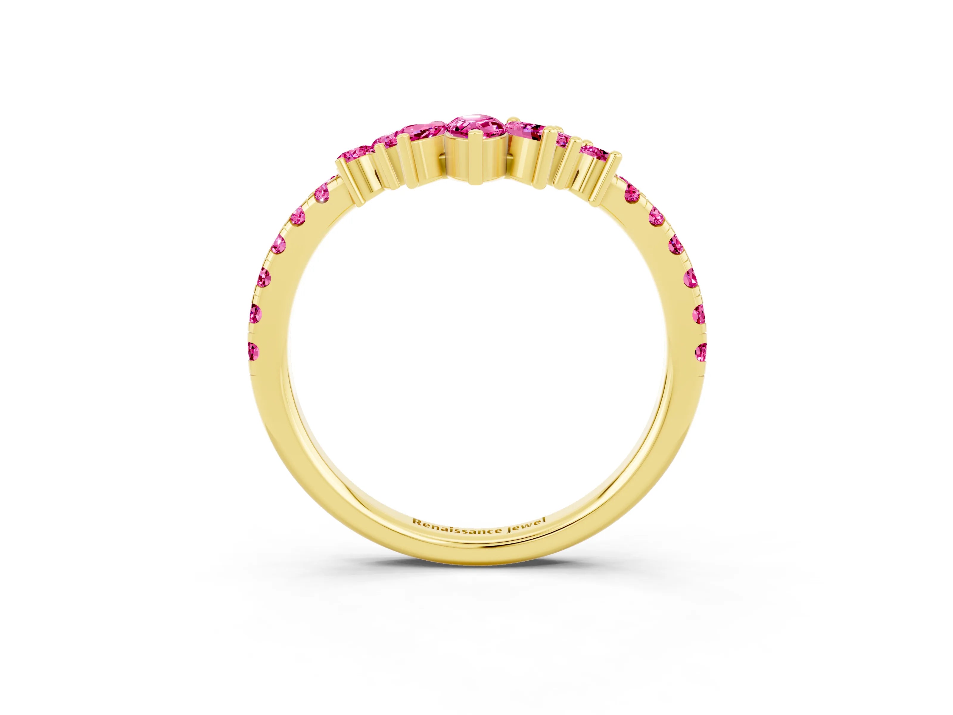 Yellow gold Chevron Marquise and Round Pink Sapphire Open Band with Prong Setting_21