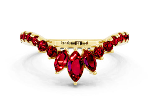 Yellow gold Chevron Marquise and Round Ruby Open Band with Prong Setting_6