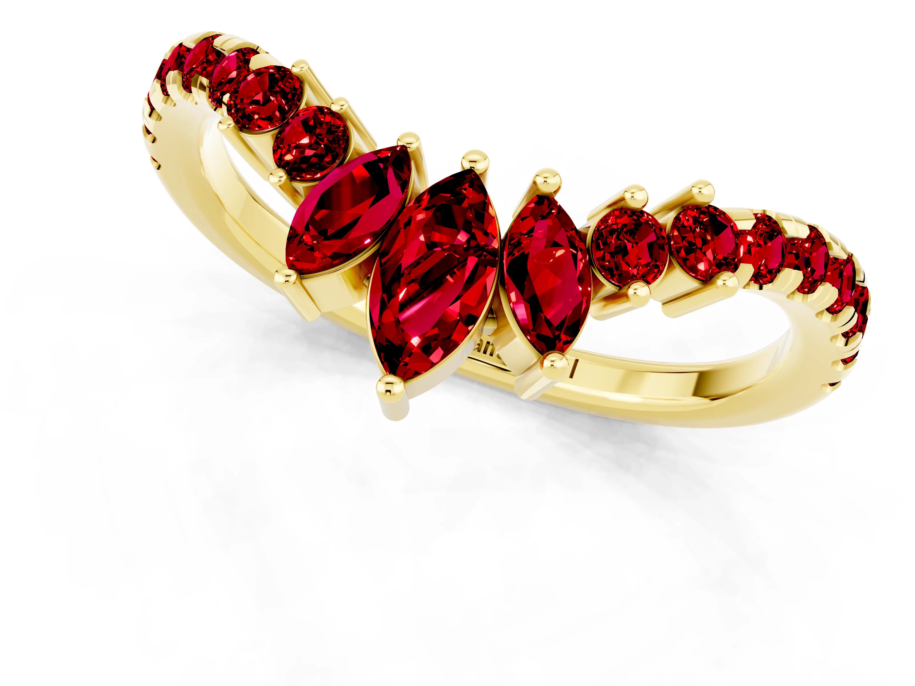 Yellow gold Chevron Marquise and Round Ruby Open Band with Prong Setting_7