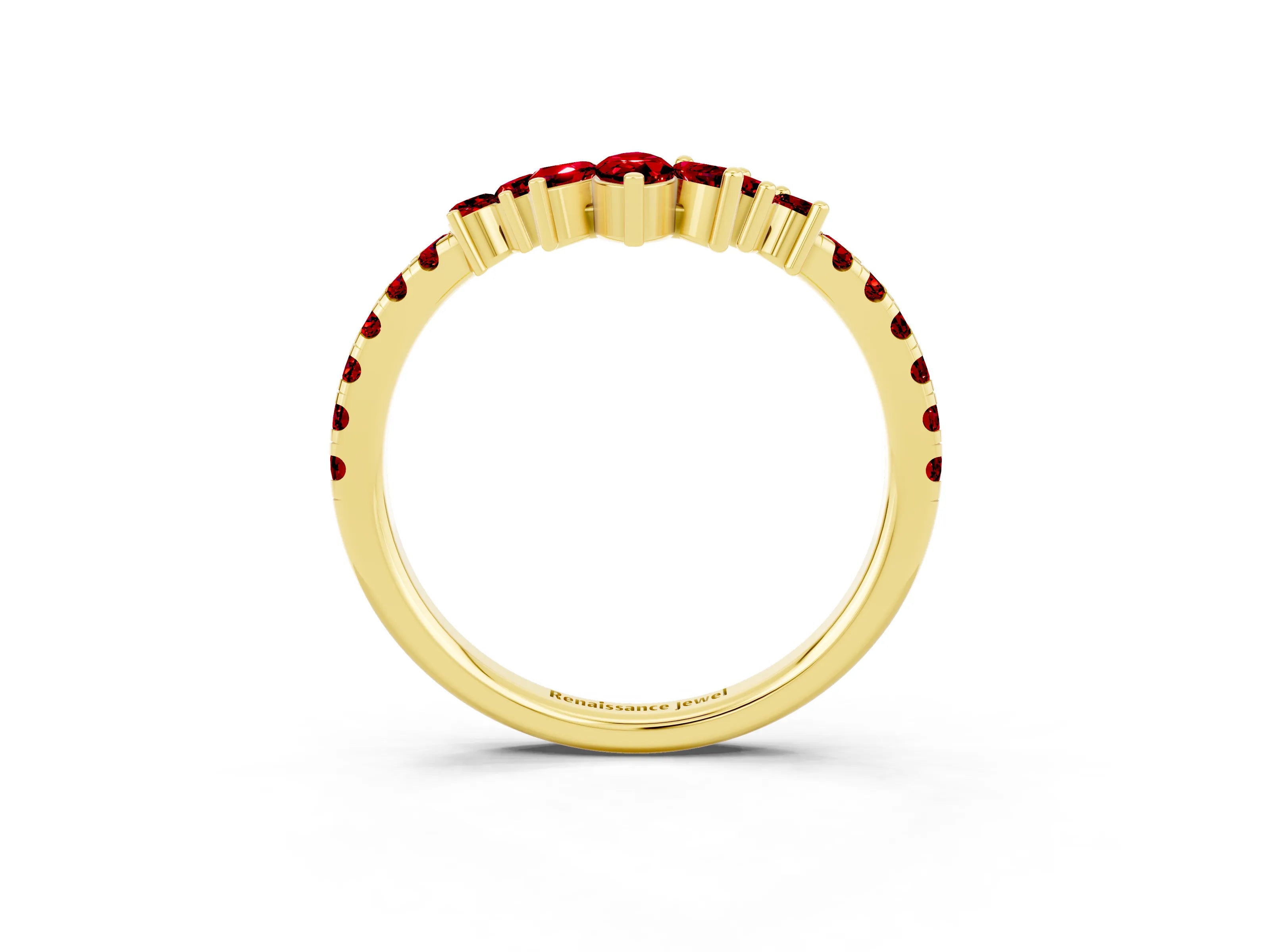 Yellow gold Chevron Marquise and Round Ruby Open Band with Prong Setting_9