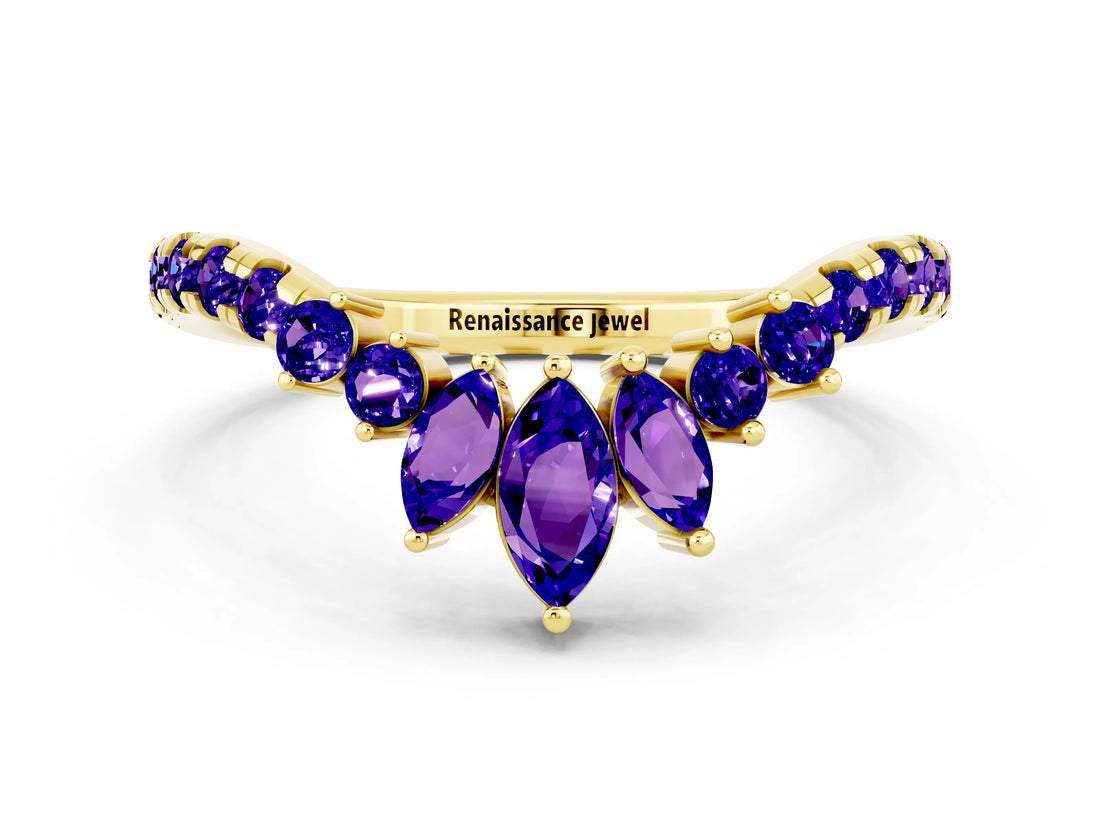 Yellow gold Chevron Marquise and Round Tanzanite Open Band with Prong Setting_6