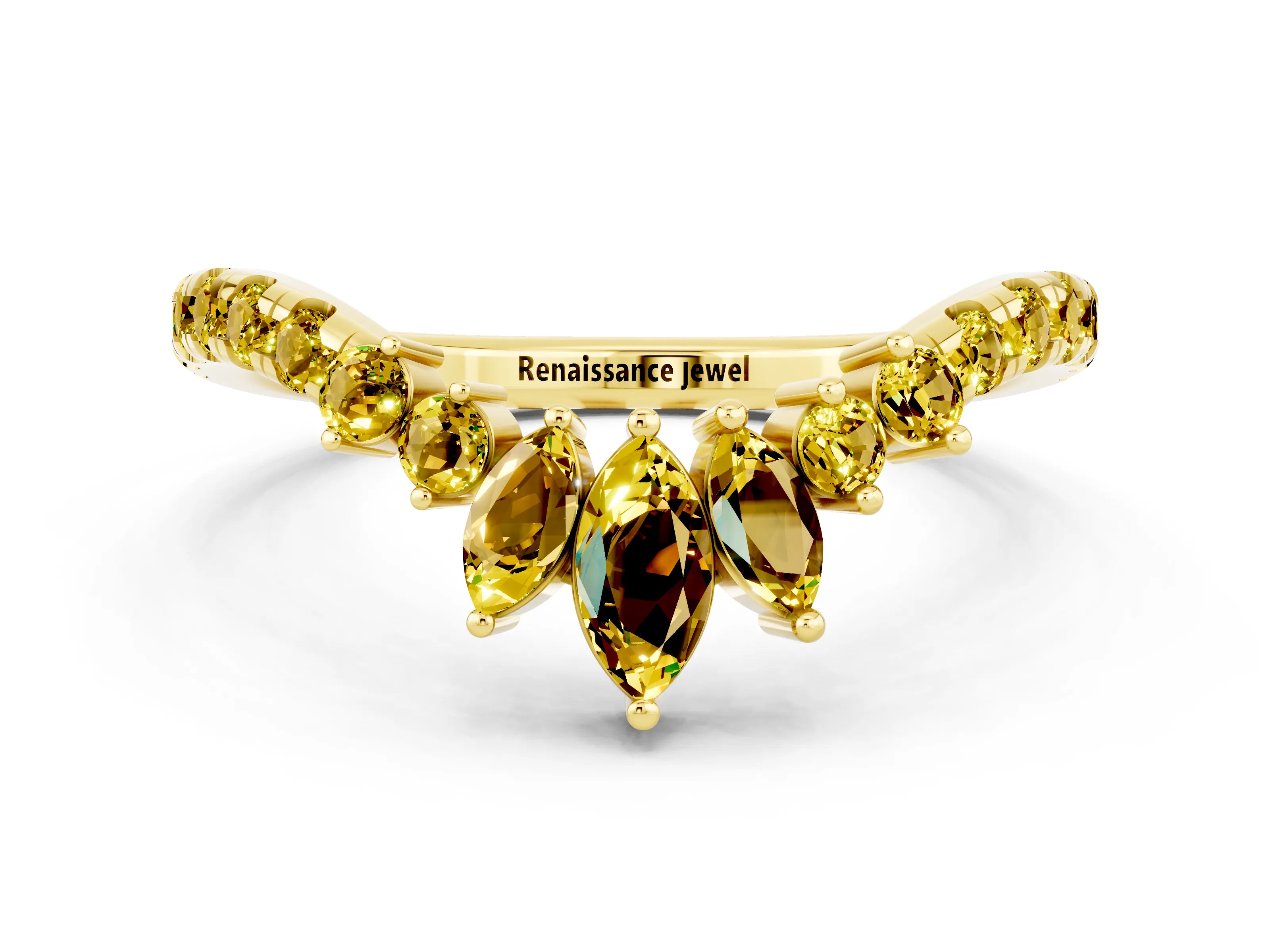 Yellow gold Chevron Marquise and Round Yellow Sapphire Open Band with Prong Setting_18