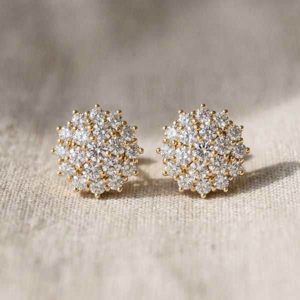 Yellow gold Cluster Diamond Round Stud Earrings with Basket Setting