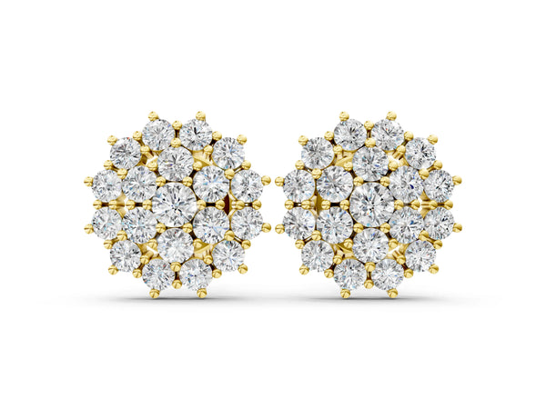 Yellow gold Cluster Diamond Round Stud Earrings with Basket Setting