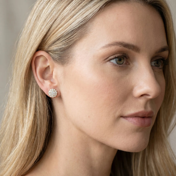 Yellow gold Cluster Diamond Round Stud Earrings with Basket Setting