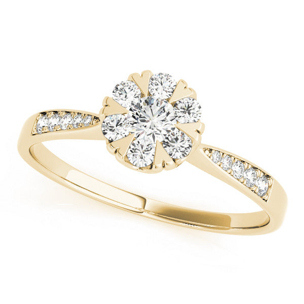 Yellow gold Cluster Radiant Diamond Pavé Band Flower Prong Setting Ring 1