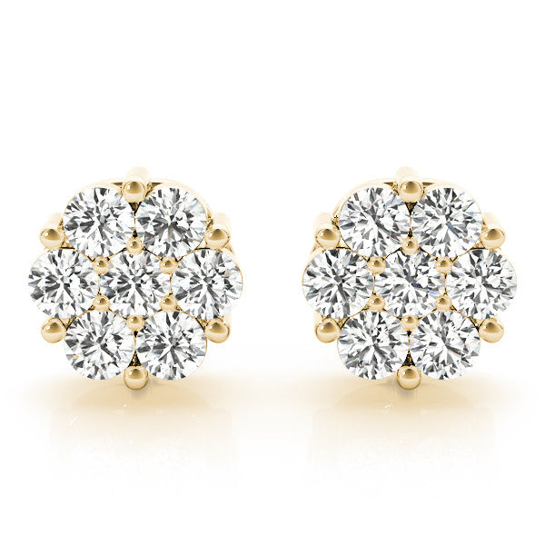 Yellow gold Cluster Round Diamond Stud Earrings with Prong Setting