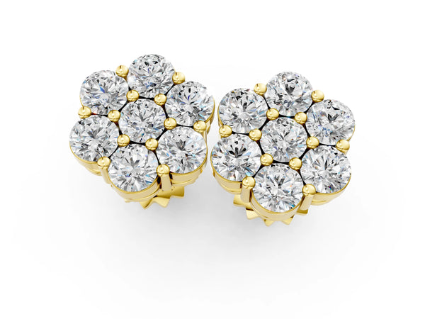Yellow gold Cluster Round Diamond Stud Earrings with Prong Setting