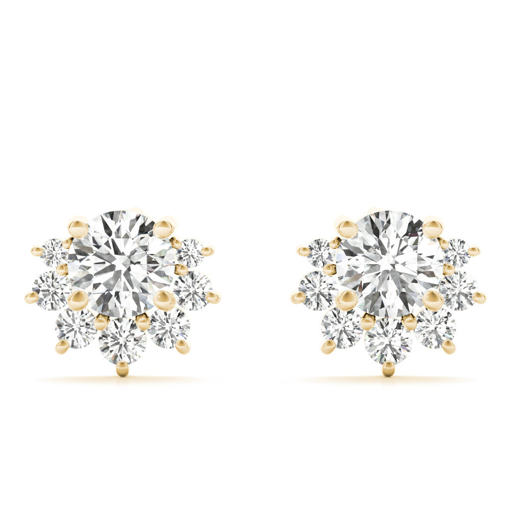 Yellow gold Cluster Round Diamond Stud Earrings with White Gold Band and Four-Prong Setting