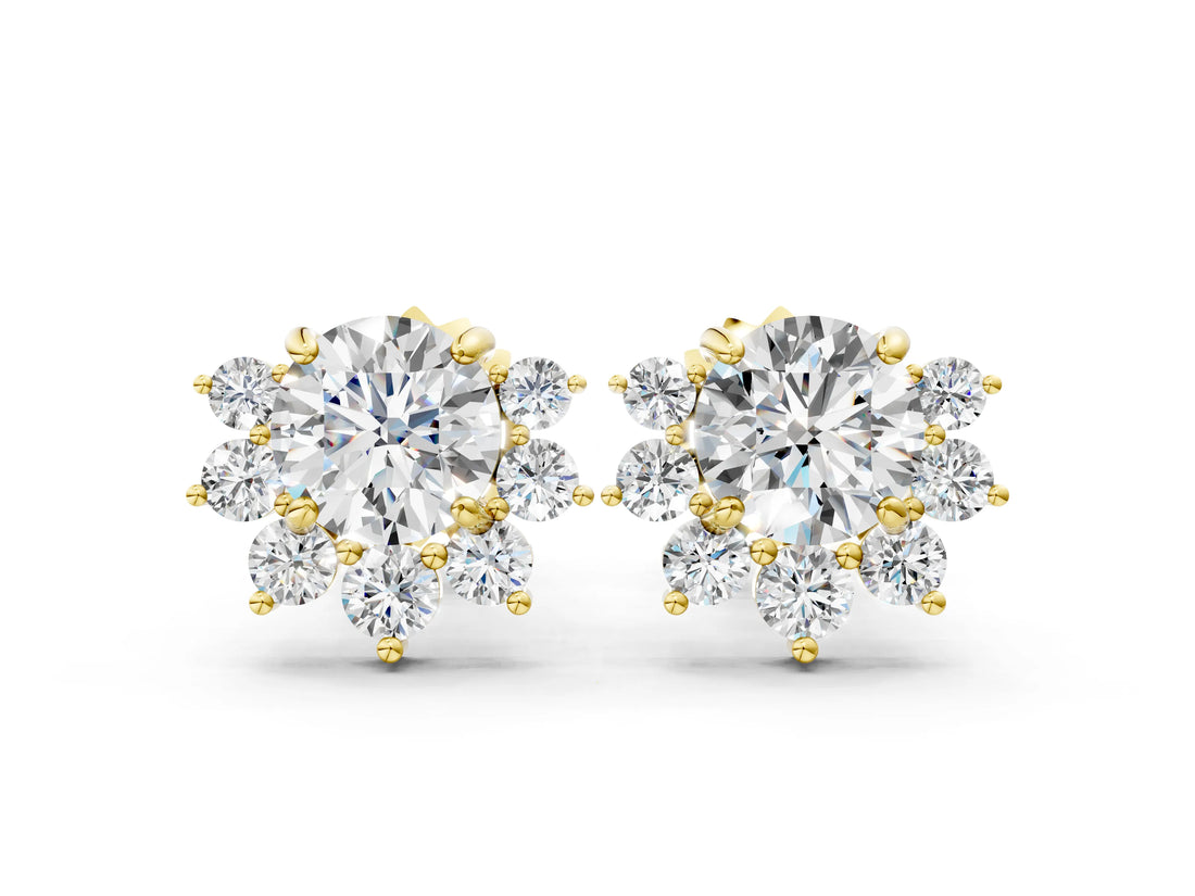 Yellow gold Cluster Round Diamond Stud Earrings with White Gold Band and Four-Prong Setting_12