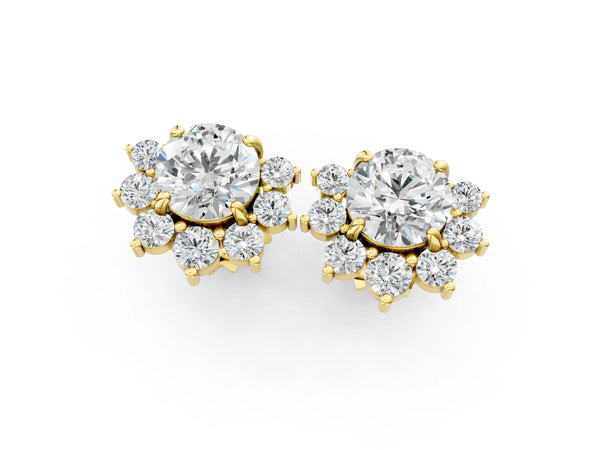 Yellow gold Cluster Round Diamond Stud Earrings with White Gold Band and Four-Prong Setting