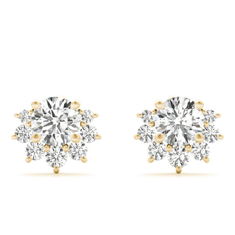 Yellow gold Cluster Round Diamond Stud Earrings with White Gold Band and Four-Prong Setting