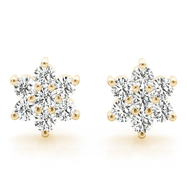 14K Yellow Gold 2.29 Carat E VS Cluster Round Diamond Stud Earrings
