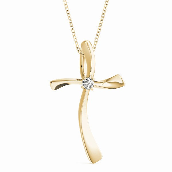 Yellow gold Curved Cross Pendant with Round Diamond in Bezel Setting