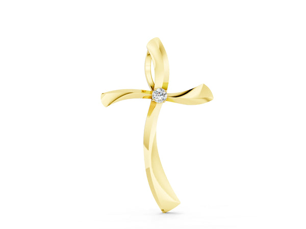 Yellow gold Curved Cross Pendant with Round Diamond in Bezel Setting