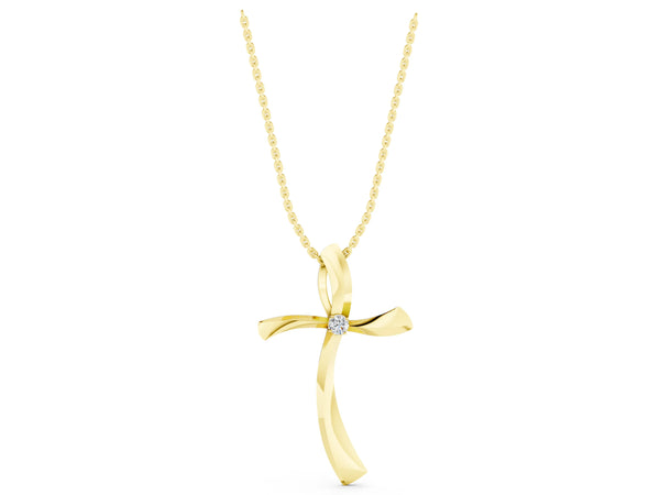 Yellow gold Curved Cross Pendant with Round Diamond in Bezel Setting