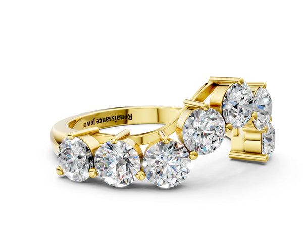 Yellow gold Curved Diamond Cluster Band - Round Stones, Split Shank, Prong Setting
