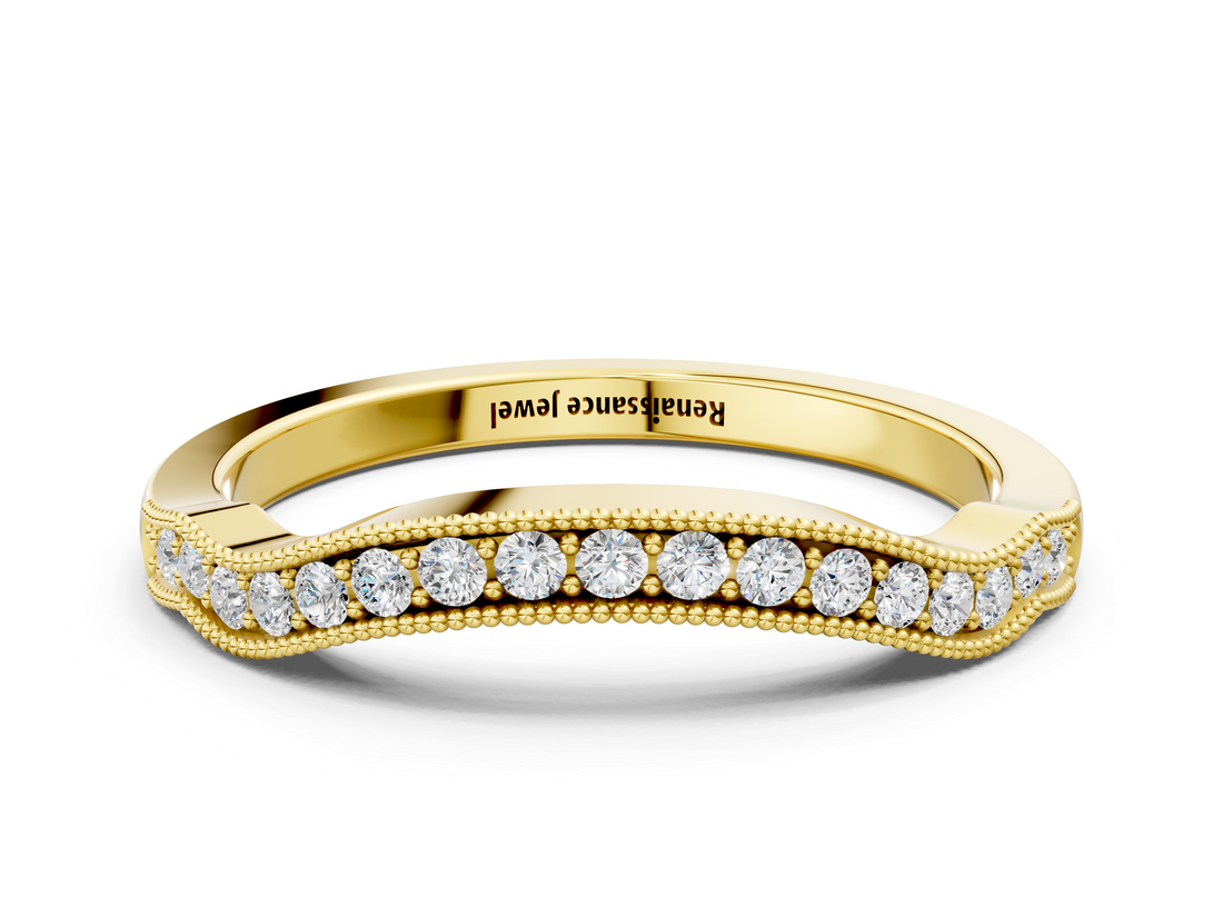 Yellow gold Curved Pavé Diamond Milgrain Band with Round Brilliant Stones_4