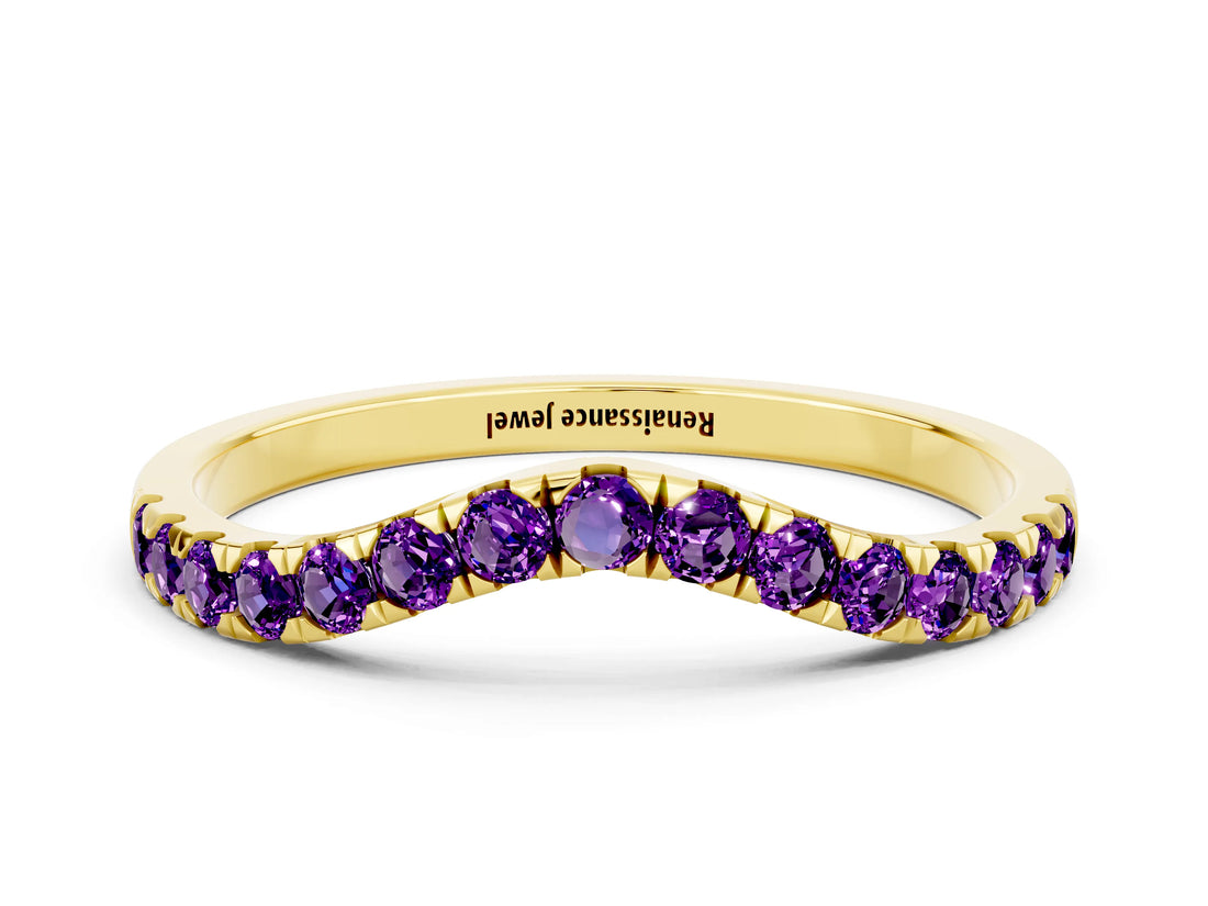 Yellow gold Curved Pavé Round Amethyst Wedding Band with Shared Prong Setting_6