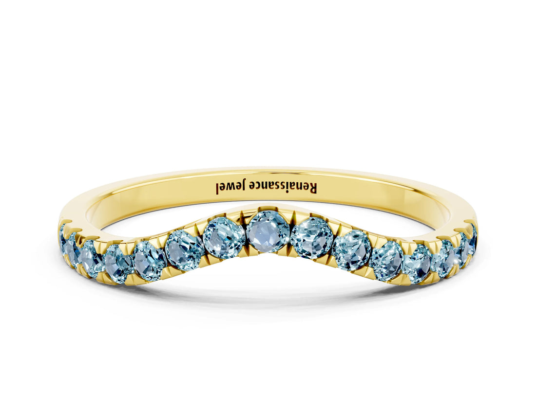 Yellow gold Curved Pavé Round Aquamarine Wedding Band with Shared Prong Setting_6
