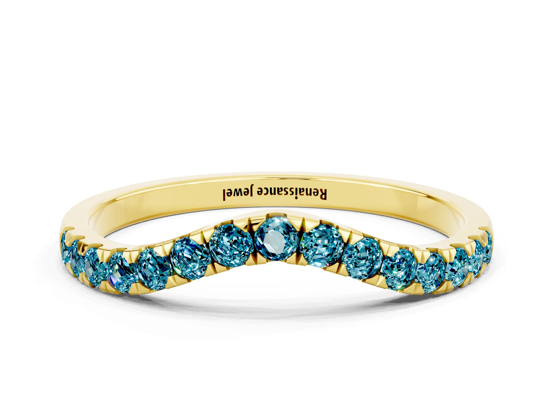 Yellow gold Curved Pavé Round Blue Topaz Wedding Band with Shared Prong Setting_6