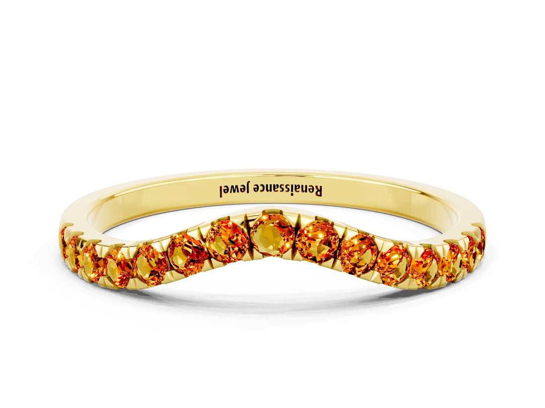 Yellow gold Curved Pavé Round Citrine Wedding Band with Shared Prong Setting_6