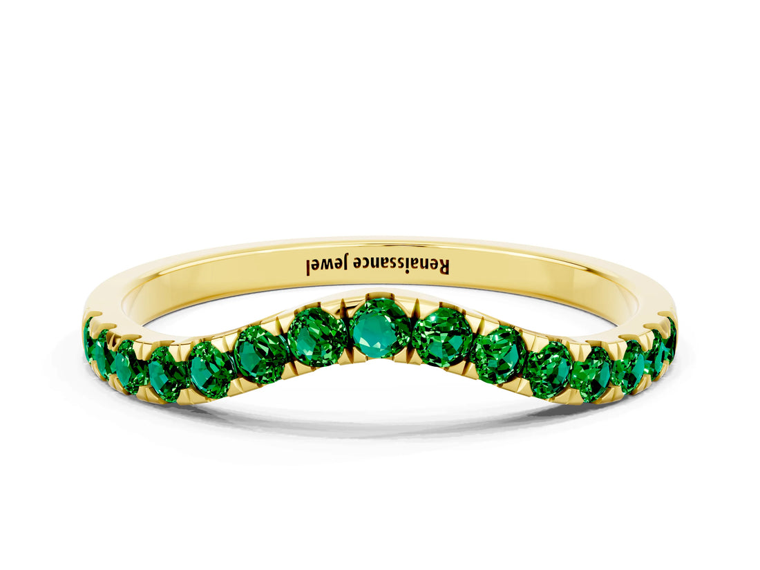 Yellow gold Curved Pavé Round Emerald Wedding Band with Shared Prong Setting_6