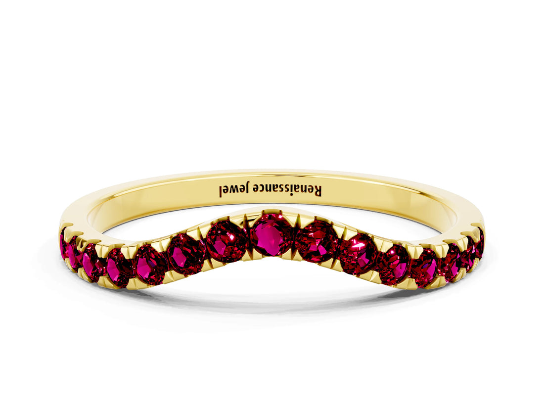 Yellow gold Curved Pavé Round Garnet Wedding Band with Shared Prong Setting_6