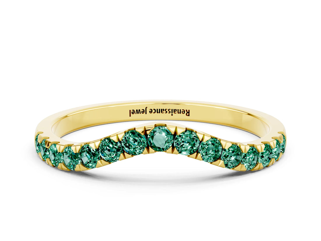 Yellow gold Curved Pavé Round Green Sapphire Wedding Band with Shared Prong Setting_6