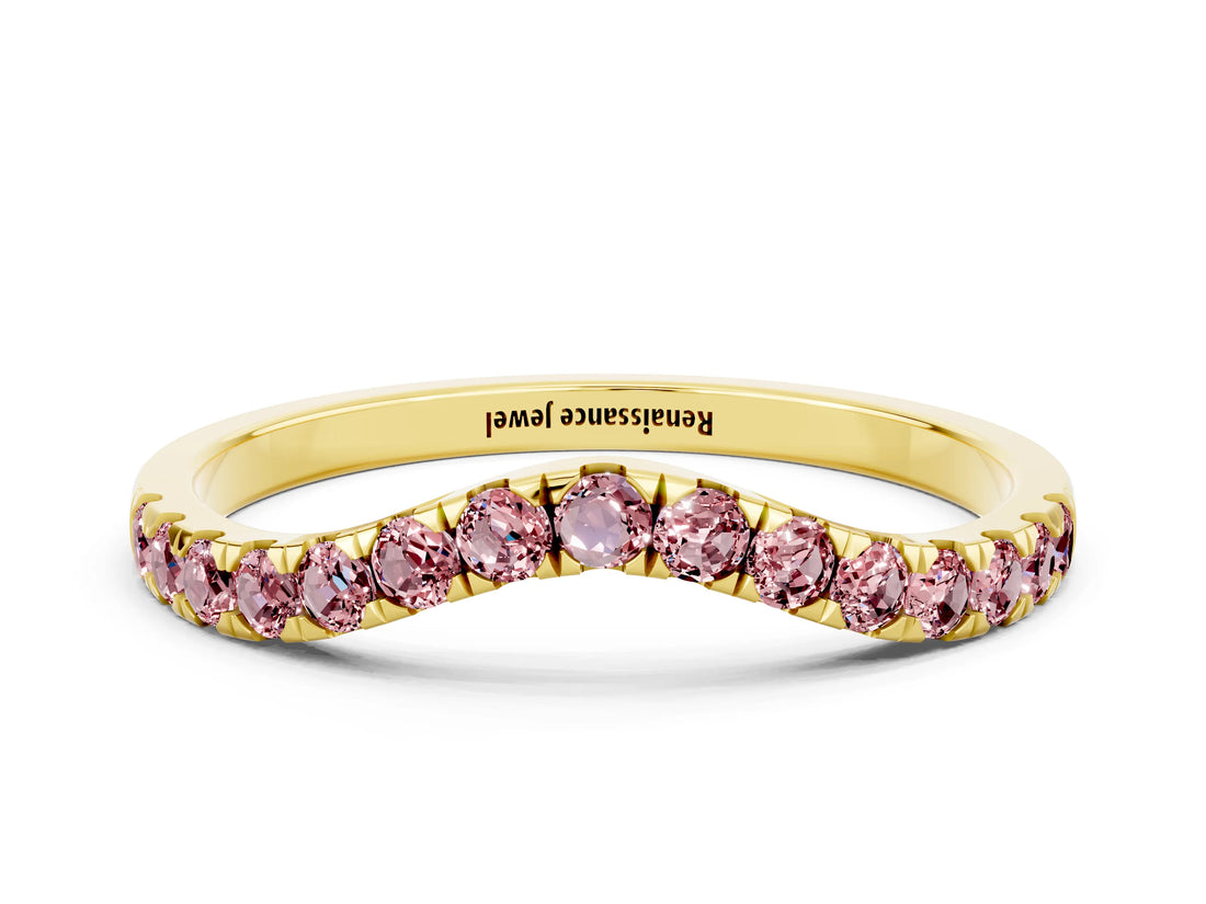 Yellow gold Curved Pavé Round Morganite Wedding Band with Shared Prong Setting_6