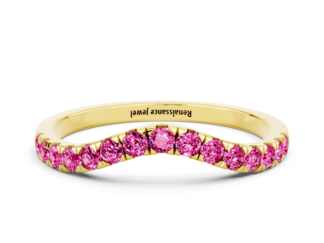 Yellow gold Curved Pavé Round Pink Sapphire Wedding Band with Shared Prong Setting_18