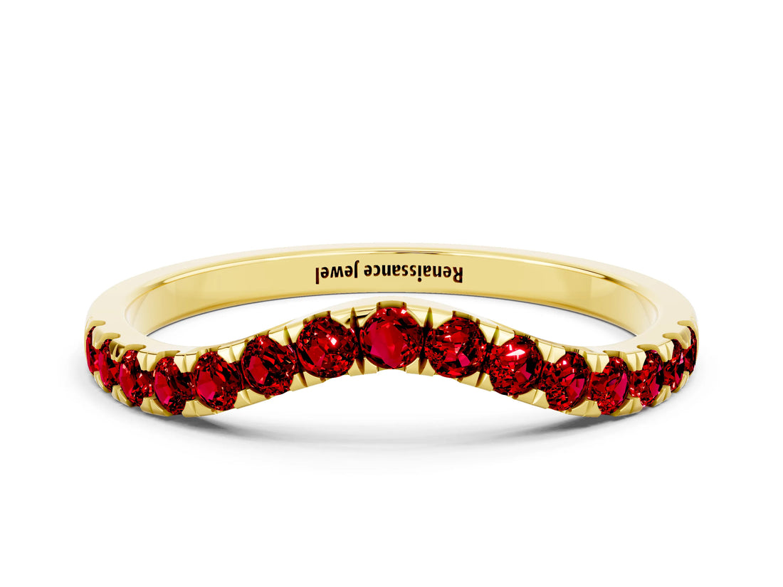 Yellow gold Curved Pavé Round Ruby Wedding Band with Shared Prong Setting_6