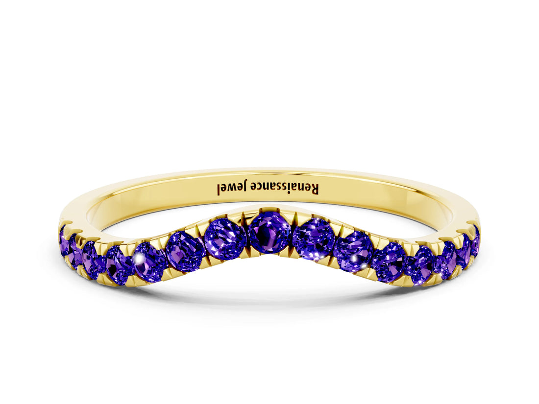 Yellow gold Curved Pavé Round Tanzanite Wedding Band with Shared Prong Setting_6