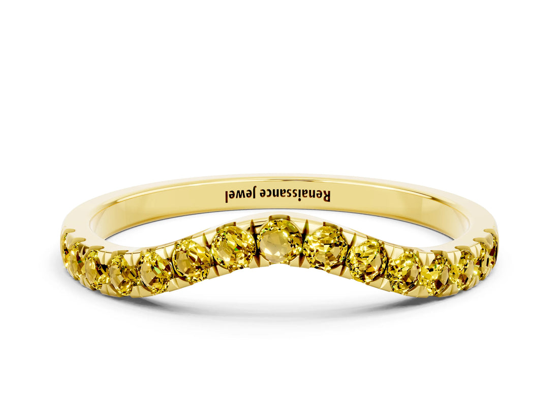 Yellow gold Curved Pavé Round Yellow Sapphire Wedding Band with Shared Prong Setting_18