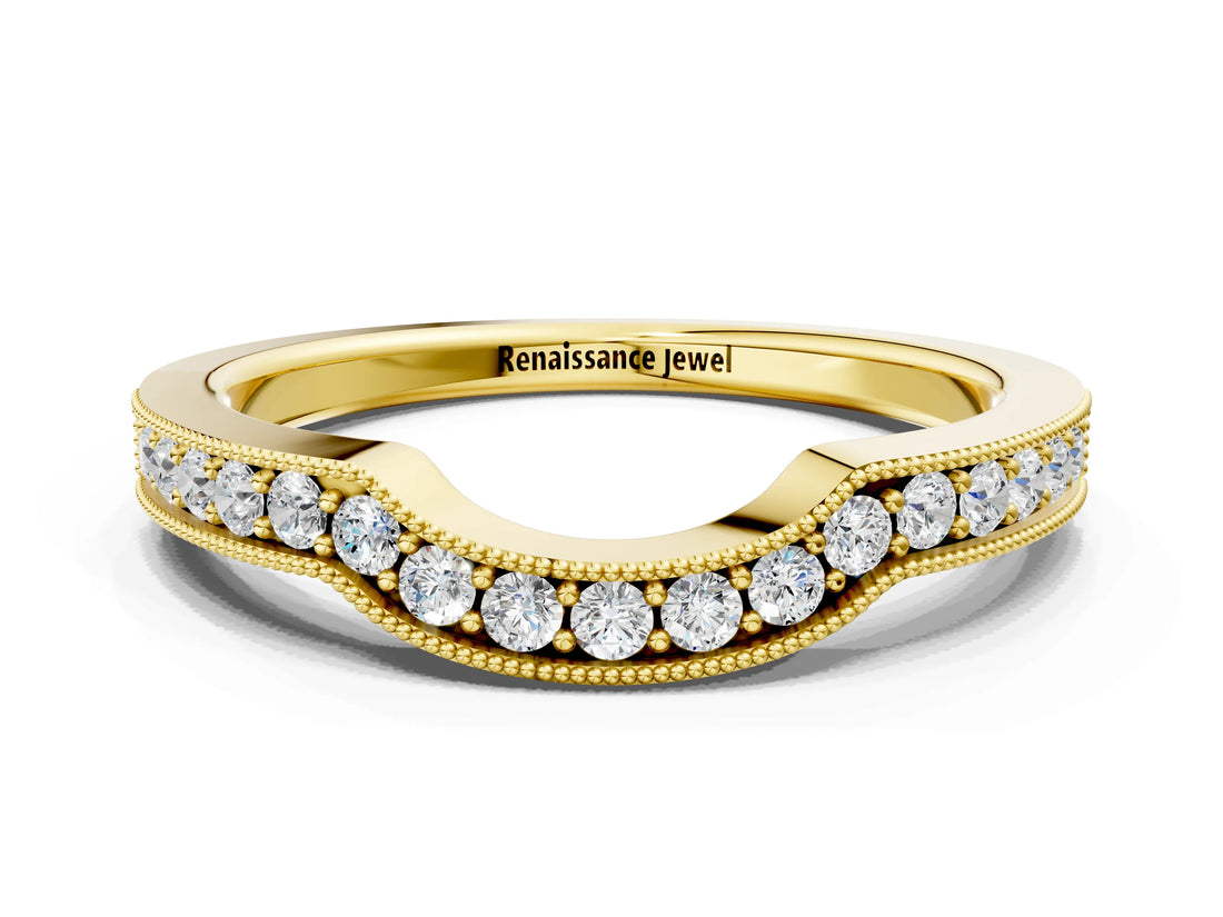 Yellow gold Curved Round Diamond Band with Milgrain Pavé Setting_4