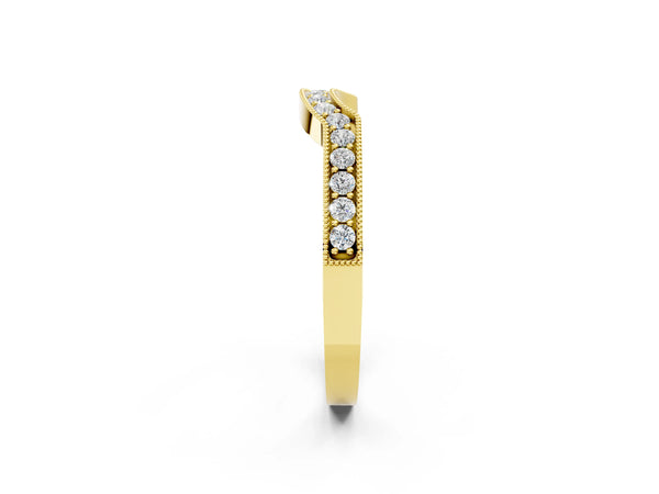 Yellow gold Curved Round Diamond Band with Milgrain Pavé Setting