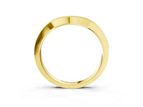 Yellow gold Curved Round Diamond Band with Milgrain Pavé Setting