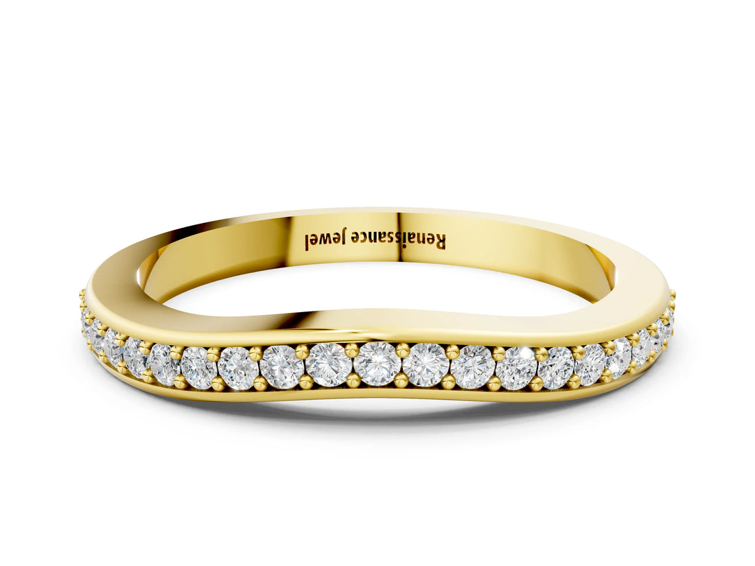 Yellow gold Curved Round Diamond Band with Pavé Setting_2