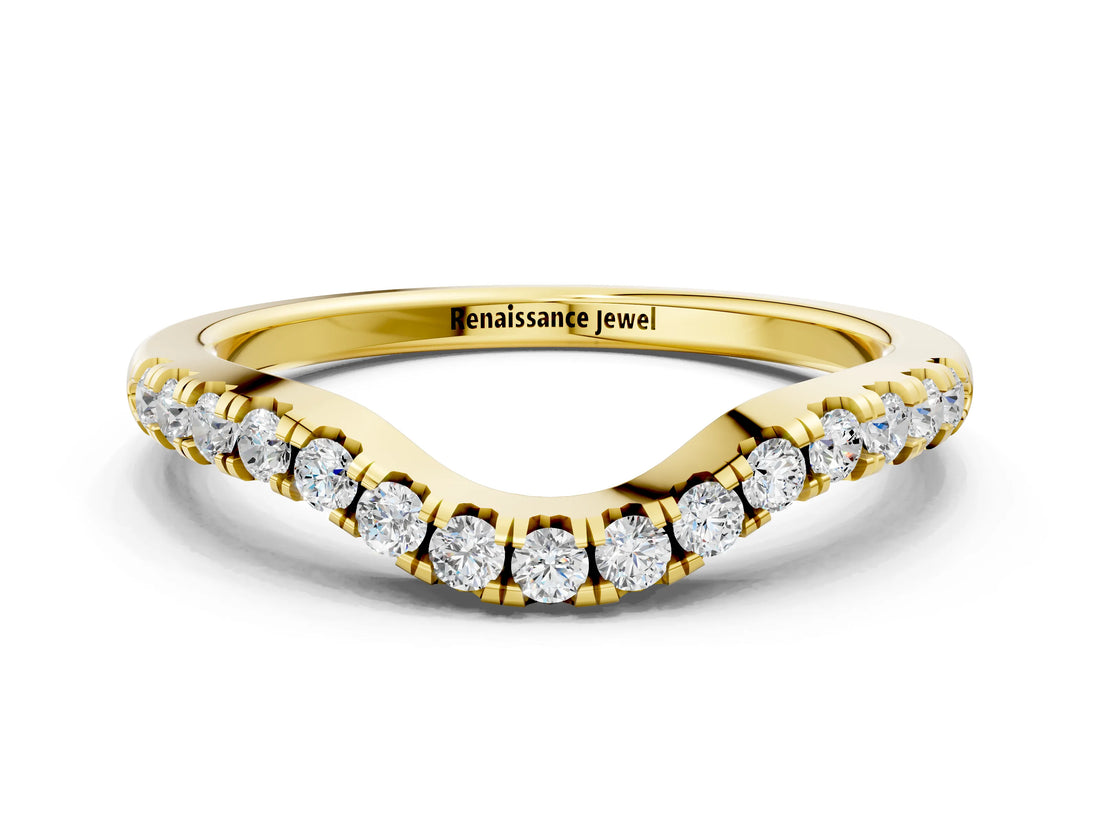 Yellow gold Curved Round Diamond Wedding Band with Pavé Setting and Shared Prong_4