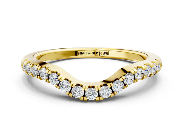 Yellow gold Curved Round Diamond Wedding Band with Pavé Setting and Shared Prong