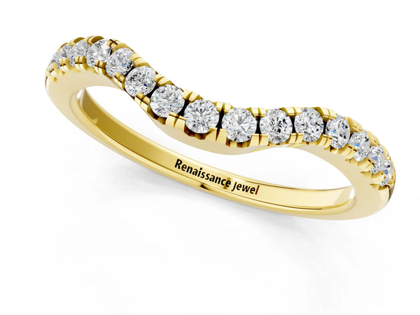 Yellow gold Curved Round Diamond Wedding Band with Pavé Setting and Shared Prong