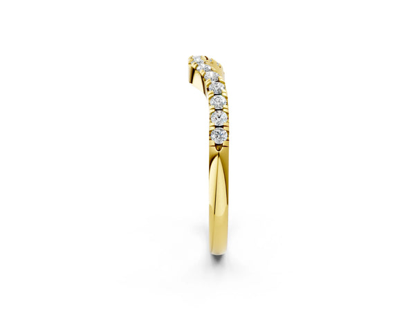 Yellow gold Curved Round Diamond Wedding Band with Pavé Setting and Shared Prong