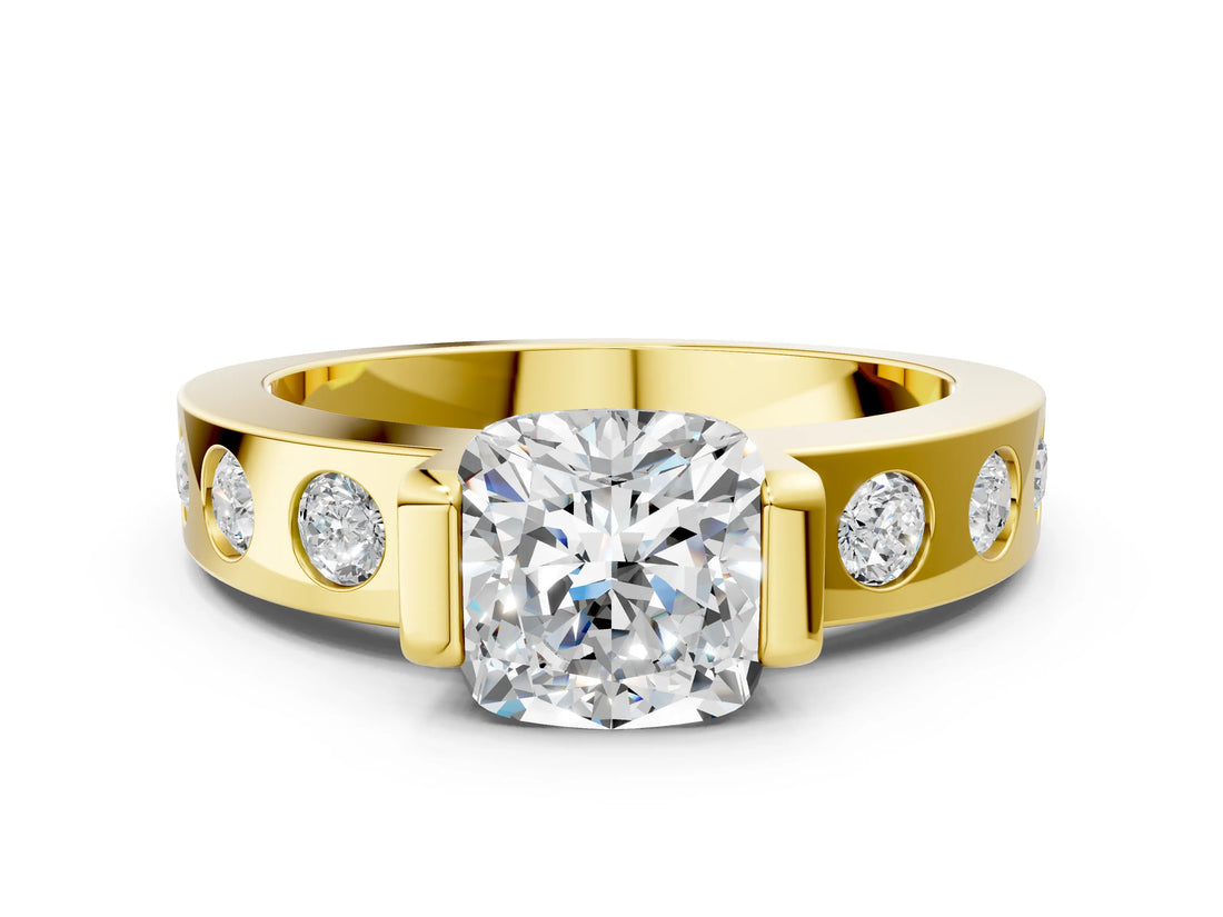 Yellow gold Cushion Brilliant Channel-Set Diamond Ring with Bezel Prong Setting_6