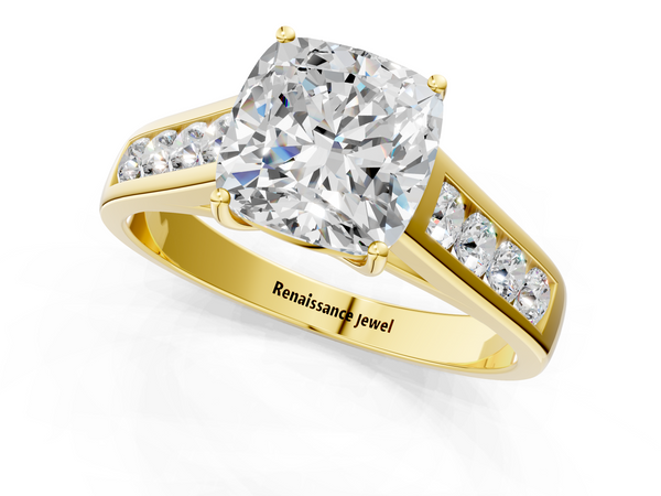 Yellow gold Cushion Brilliant Channel-Set Solitaire Ring with Four-Prong Setting