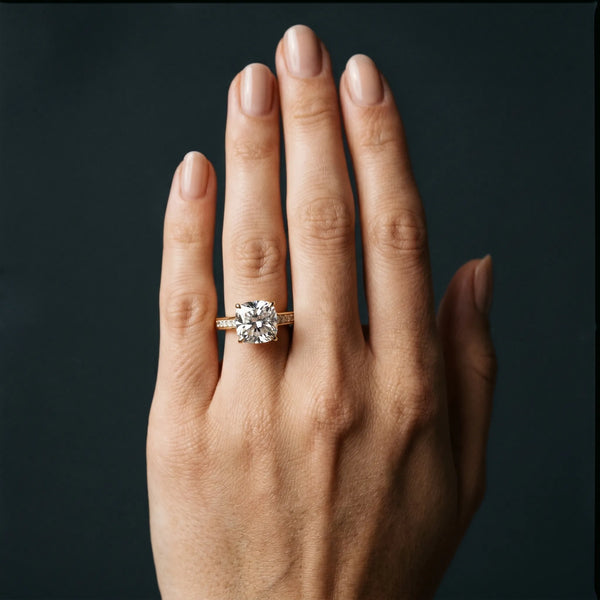 Yellow gold Cushion Brilliant Cut Diamond Engagement Ring with Pavé Band and Four-Prong Setting