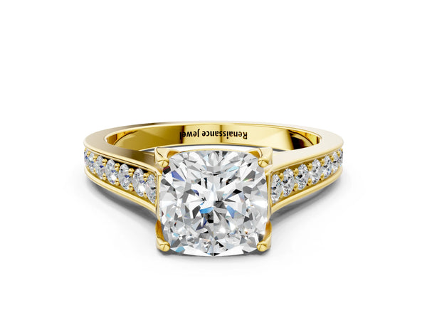 Yellow gold Cushion Brilliant Cut Diamond Engagement Ring with Pavé Band and Four-Prong Setting