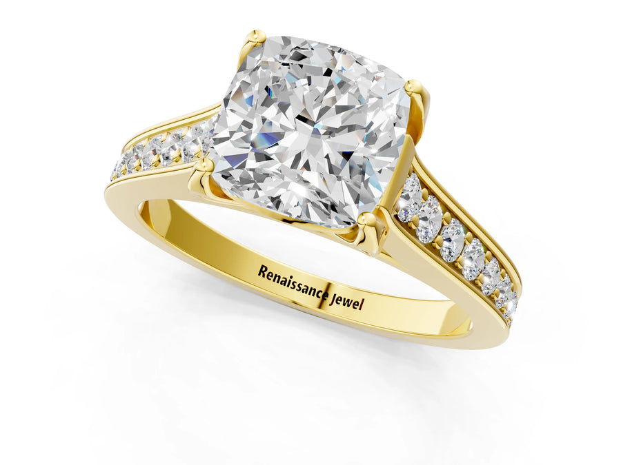 Yellow gold Cushion Brilliant Cut Diamond Engagement Ring with Pavé Band and Four-Prong Setting
